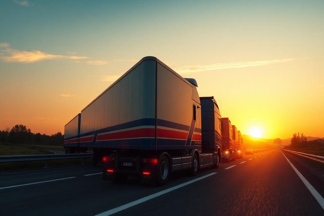Camions en file sur autoroute au coucher du soleil