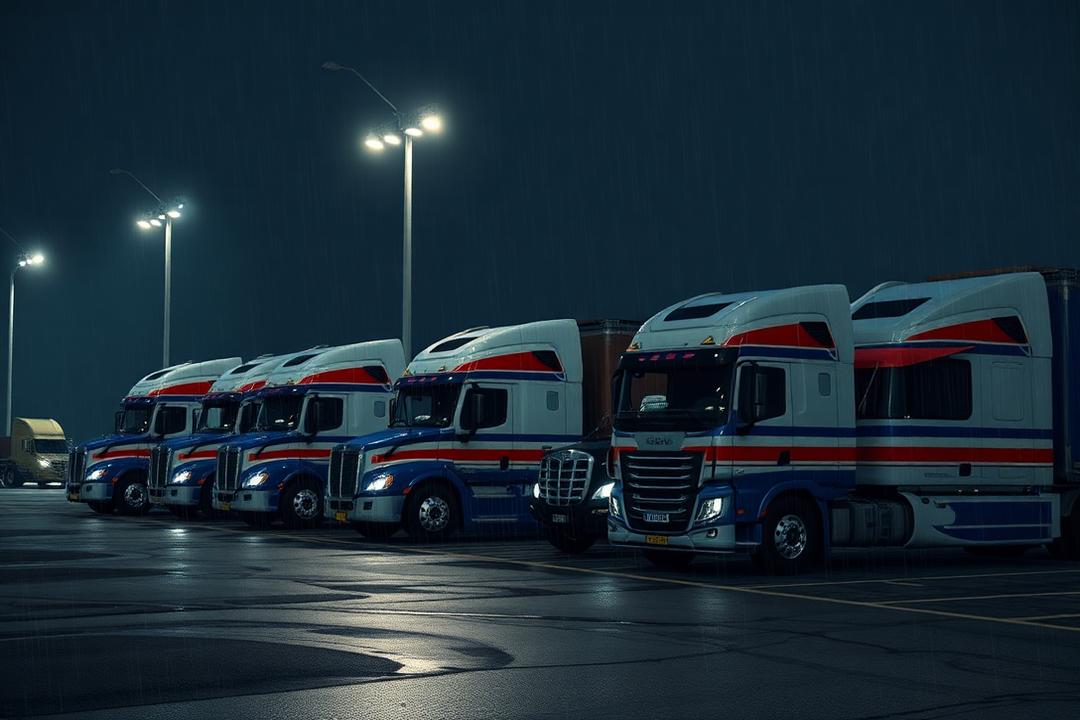 Camions stationnés sous la pluie sur une aire de repos de nuit