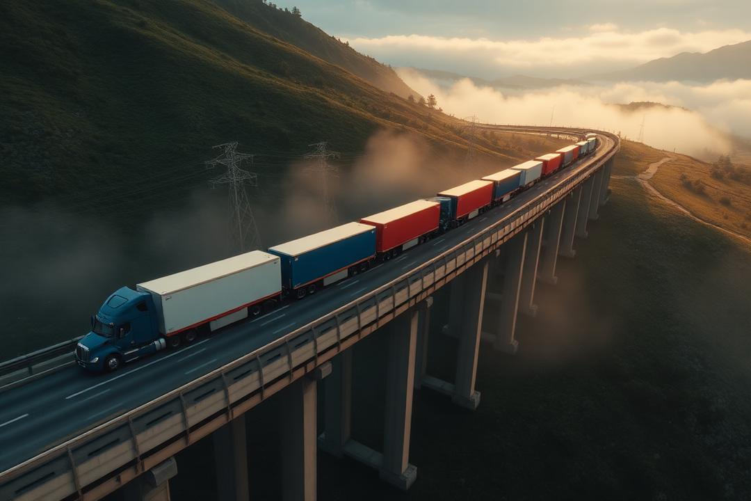 Vue aérienne d'un convoi de camions traversant un viaduc à l'aube